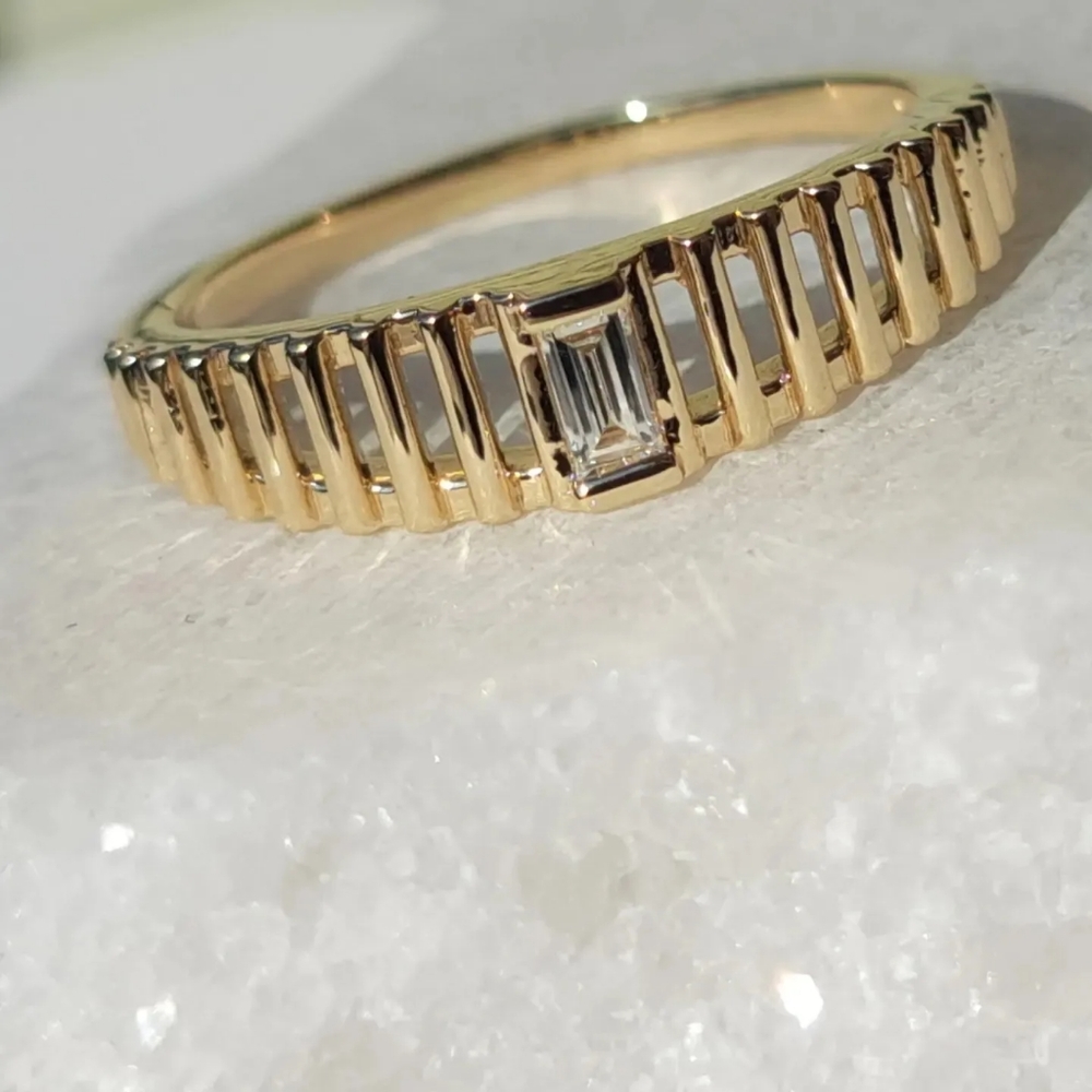 Art Deco Cutout Ring Natural Diamond Baguette, solid 14K gold